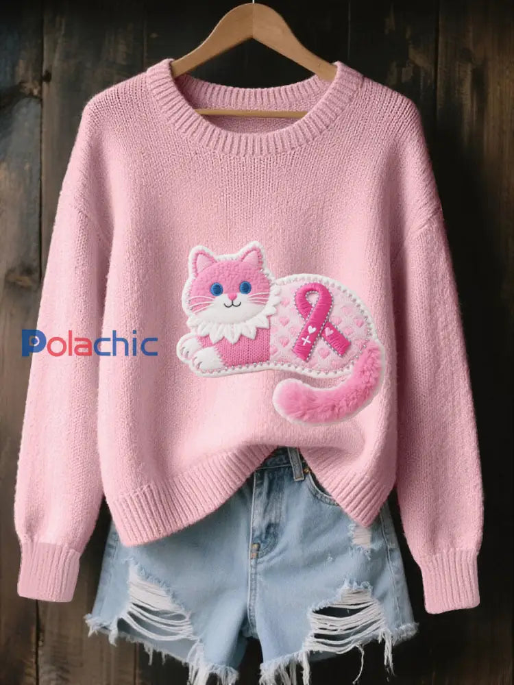 Pull Cozy en Tricot Femme Rose Imprimé Cancer Du Sein Rose / S