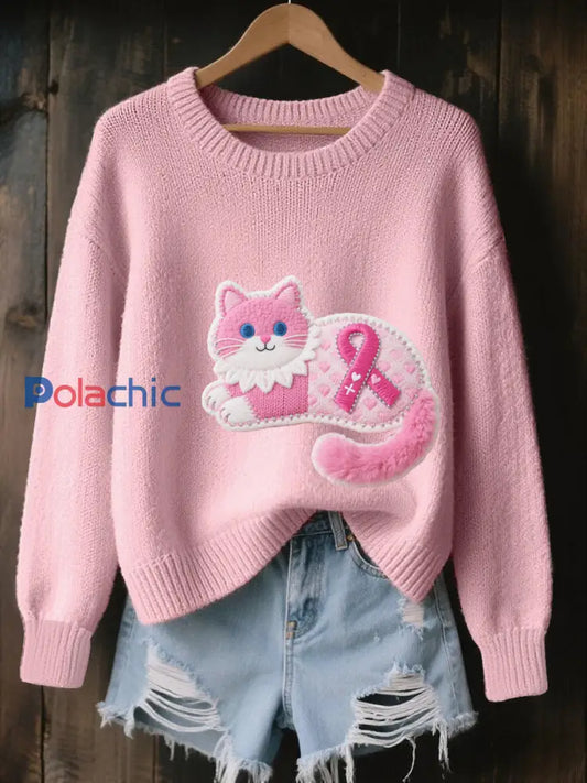 Pull Cozy en Tricot Femme Rose Imprimé Cancer Du Sein Rose / S