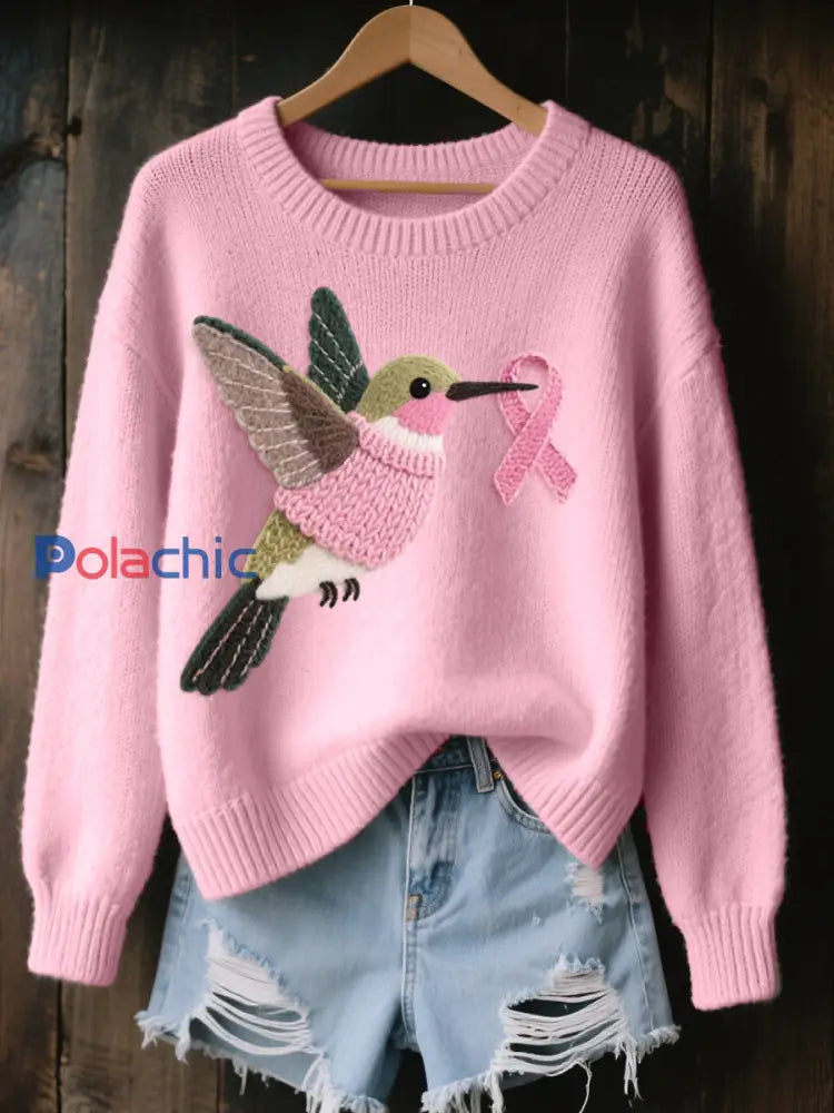 Pull Cozy en Tricot Motif Colibri en Feutre pour Femme Rose / S
