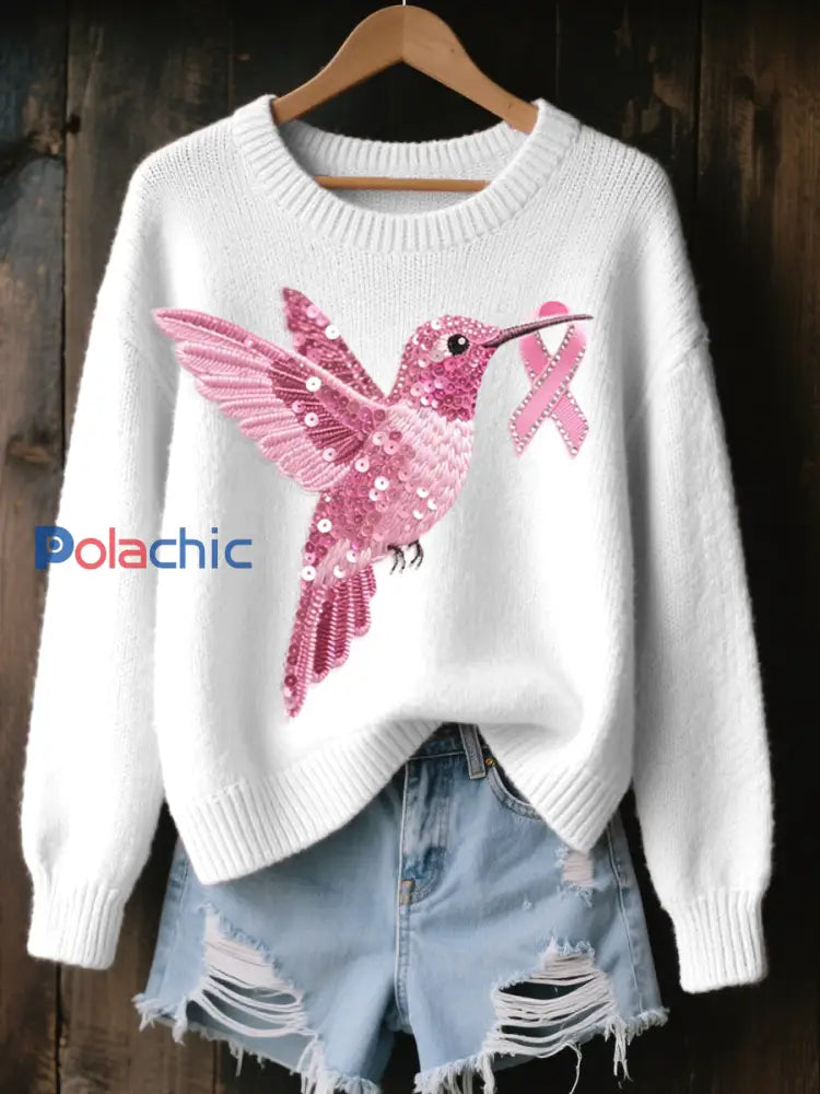 Pull Cozy Femme Rose Brodé Colibri Blanc / S