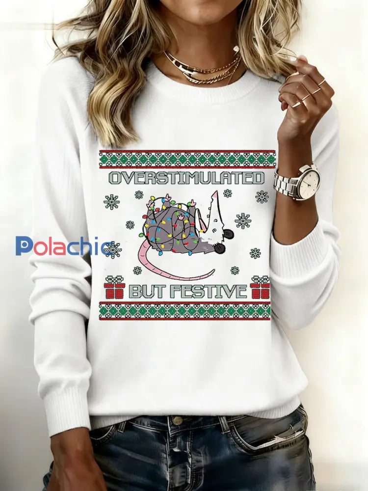Pull de Noël pour femme Overstimulated mais festive Possum Blanc / S