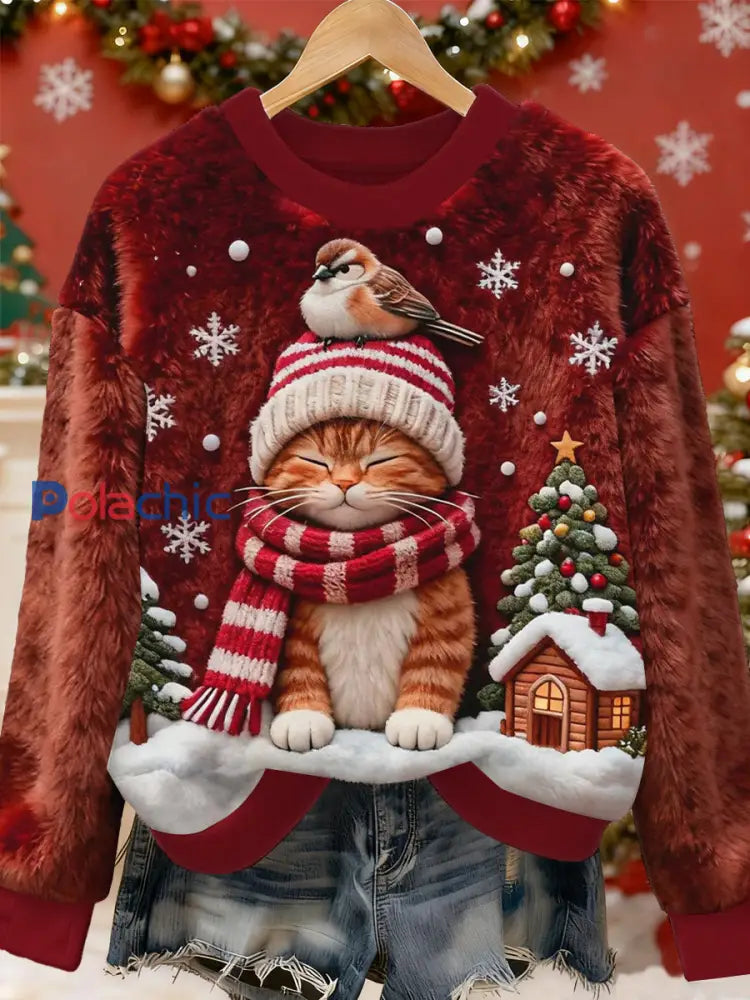 Pull en flanelle décontracté à imprimé d’art chat de Noël pour femmes rouge profond / S