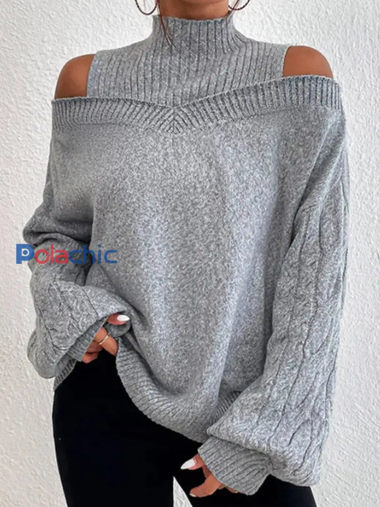 Pull en tricot à épaules dénudées et à manches longues pour femme Gris / S