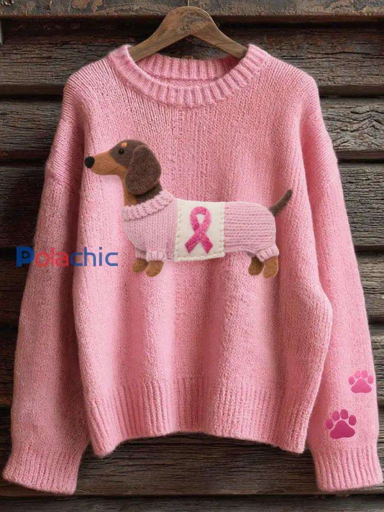 Pull en tricot confortable à motif de teckel pour femmes Rose / S