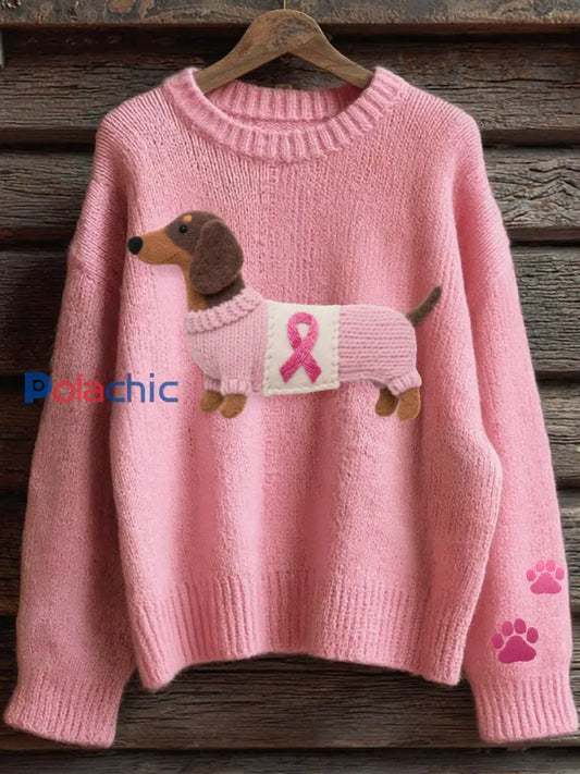 Pull en tricot confortable à motif de teckel pour femmes Rose / S