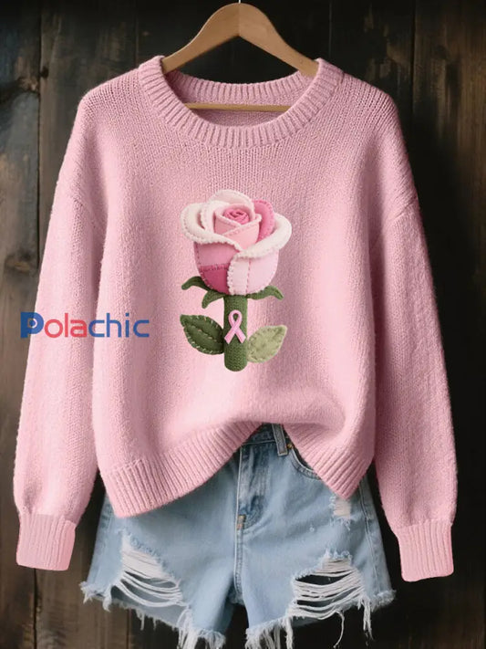 Pull en tricot confortable à motif floral Art en feutre de laine pour femmes Rose / S