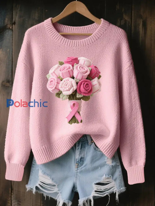 Pull en tricot confortable à motif floral Art en feutre de laine pour femmes Rose / S