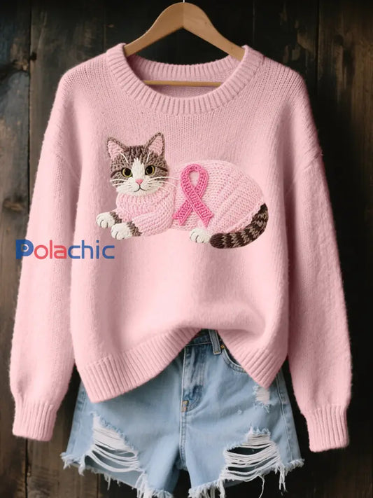 Pull en tricot confortable brodé Lovely Cat pour femmes Rose / S