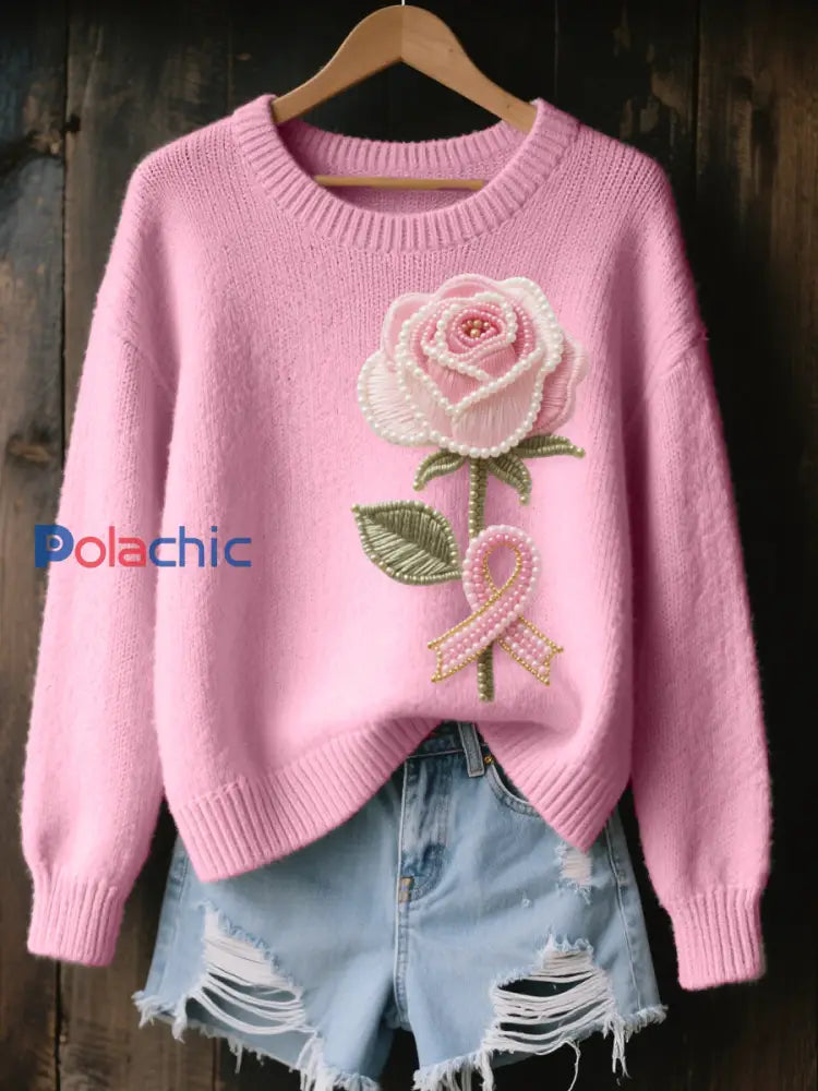 Pull en tricot confortable brodé rose rose perlé pour femme Rose / S