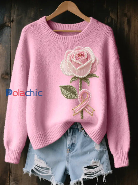 Pull en tricot confortable brodé rose rose perlé pour femme Rose / S