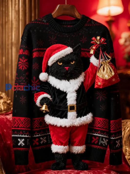 Pull en tricot vintage chat noir de Noël pour femme Noir / S