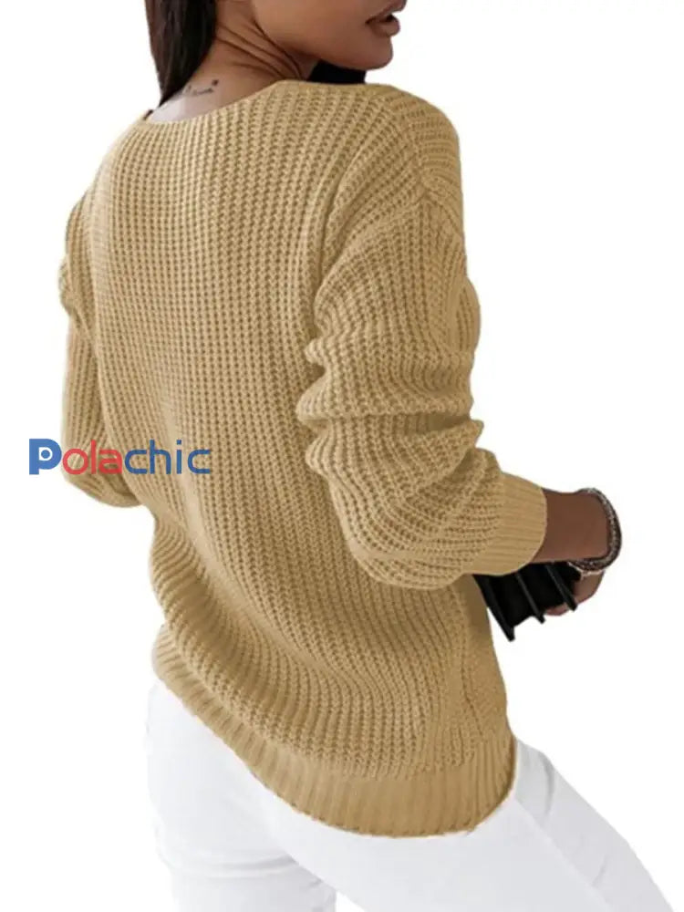 Pull Femme Col V À Manches Longues En Tricot À Câble Abricot / S