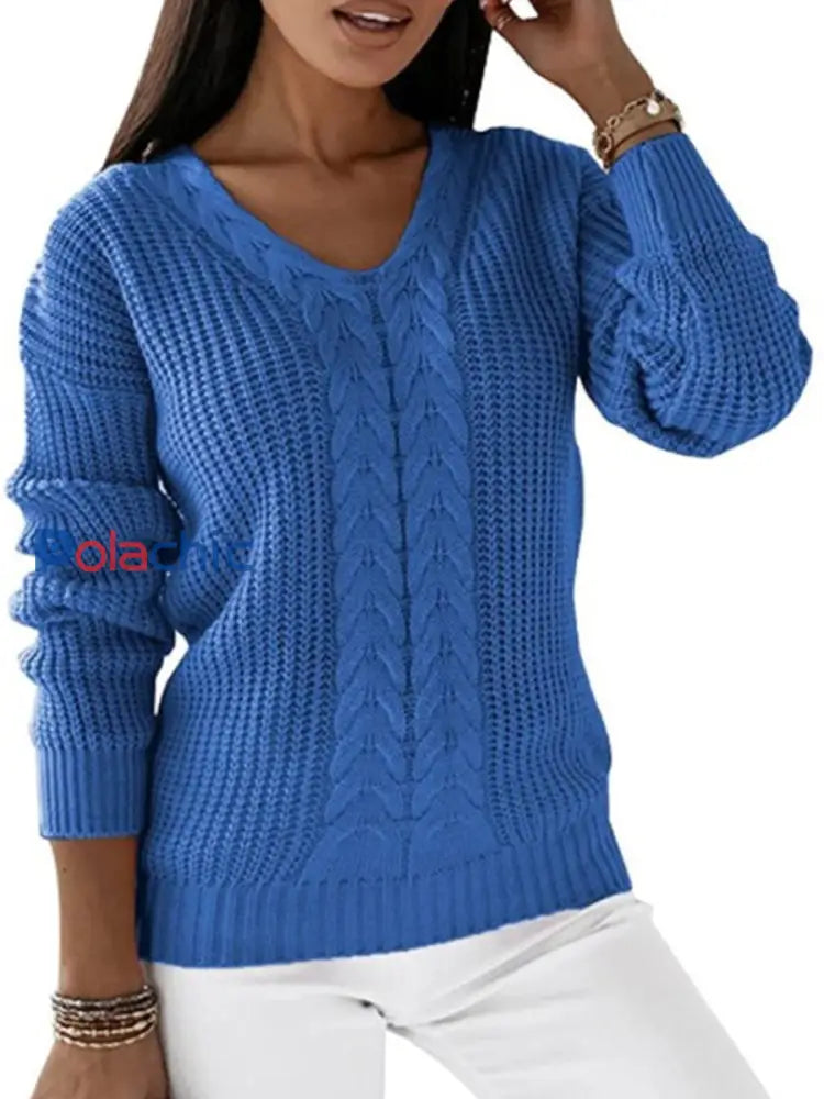 Pull Femme Col V À Manches Longues En Tricot À Câble Bleu / S