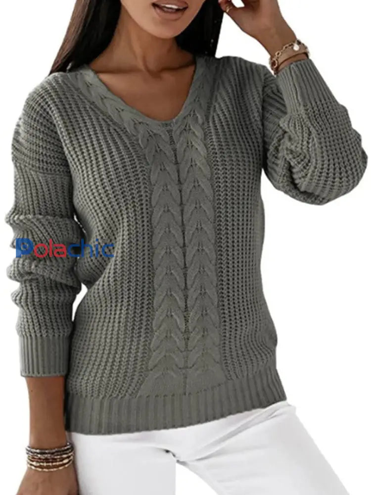 Pull Femme Col V À Manches Longues En Tricot À Câble Gris / S