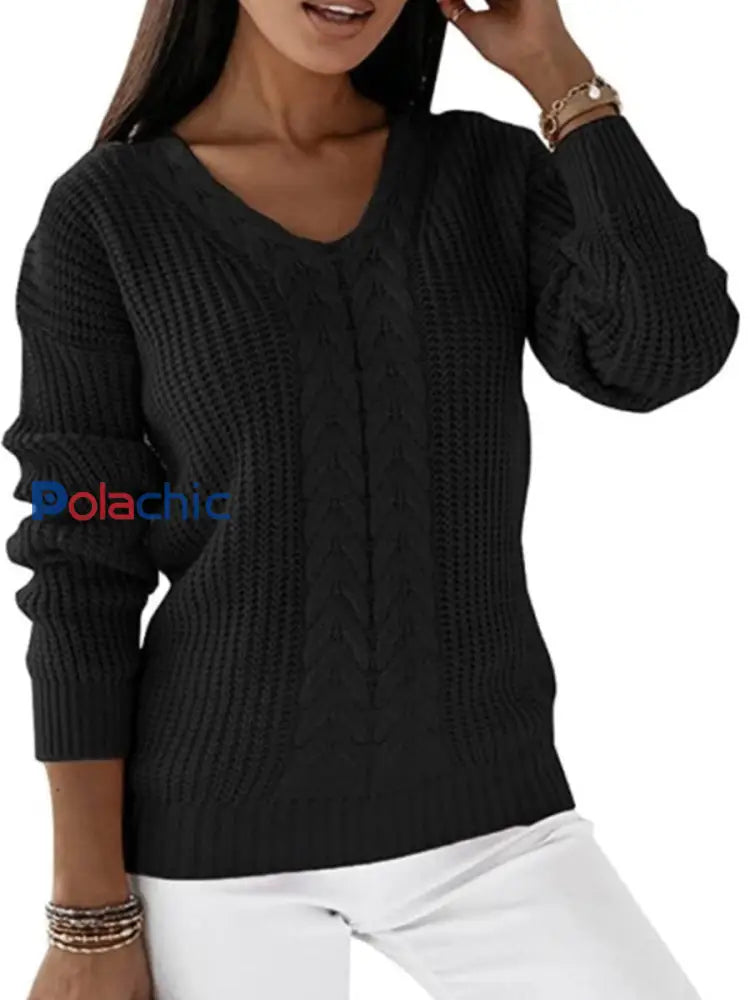 Pull Femme Col V À Manches Longues En Tricot À Câble Noir / S