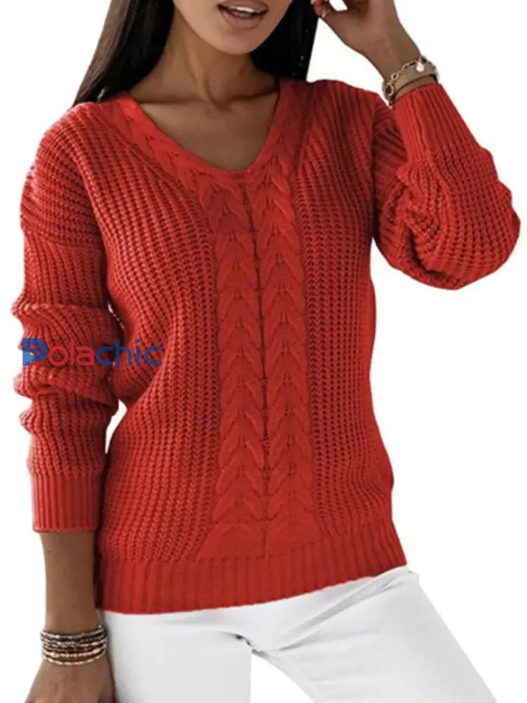 Pull Femme Col V À Manches Longues En Tricot À Câble Rouge / S