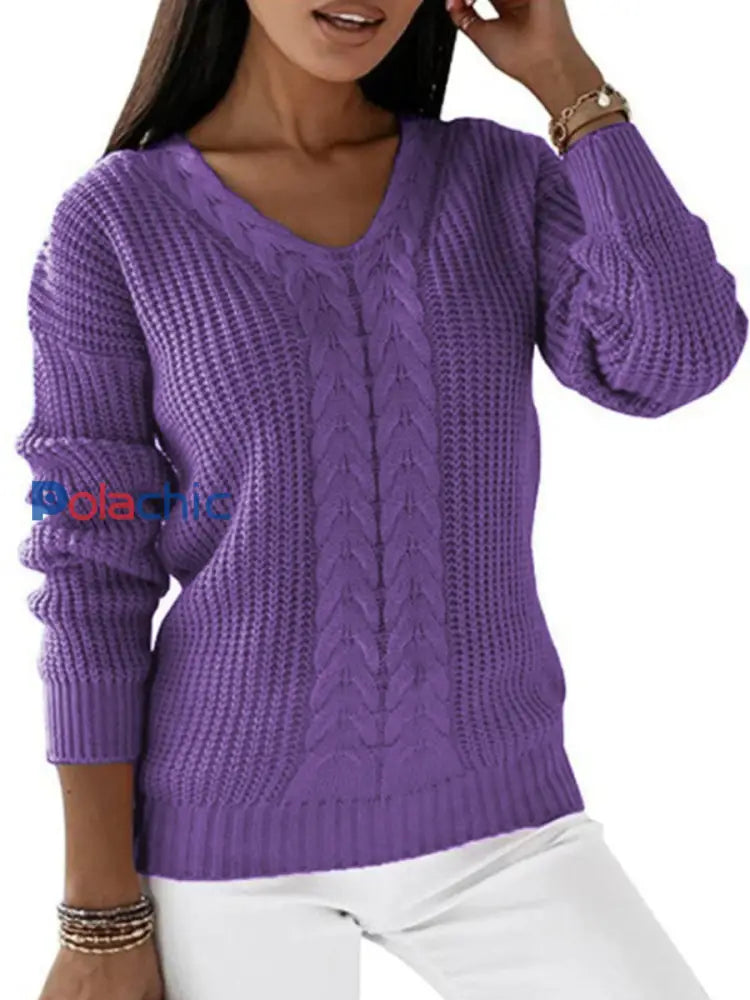 Pull Femme Col V À Manches Longues En Tricot À Câble Violet / S