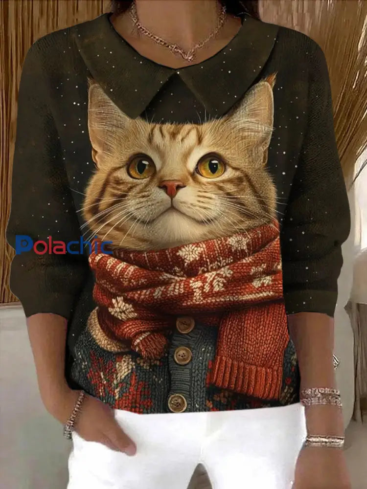 Pull Femme Hiver Chat Imprimé comme image / S