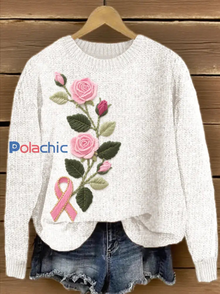 Pull Femme Rose Brodé À Fleurs Et Ruban Blanc / S