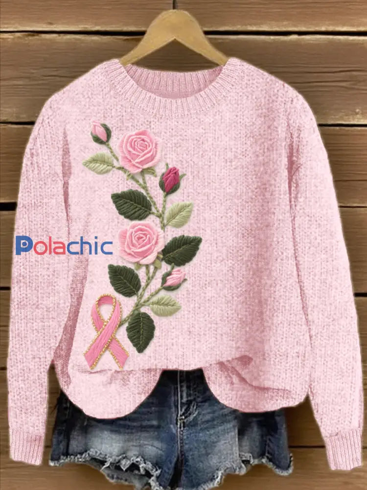 Pull Femme Rose Brodé À Fleurs Et Ruban Rose / S