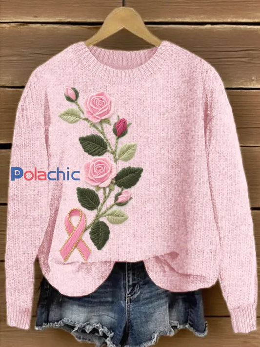Pull Femme Rose Brodé À Fleurs Et Ruban Rose / S