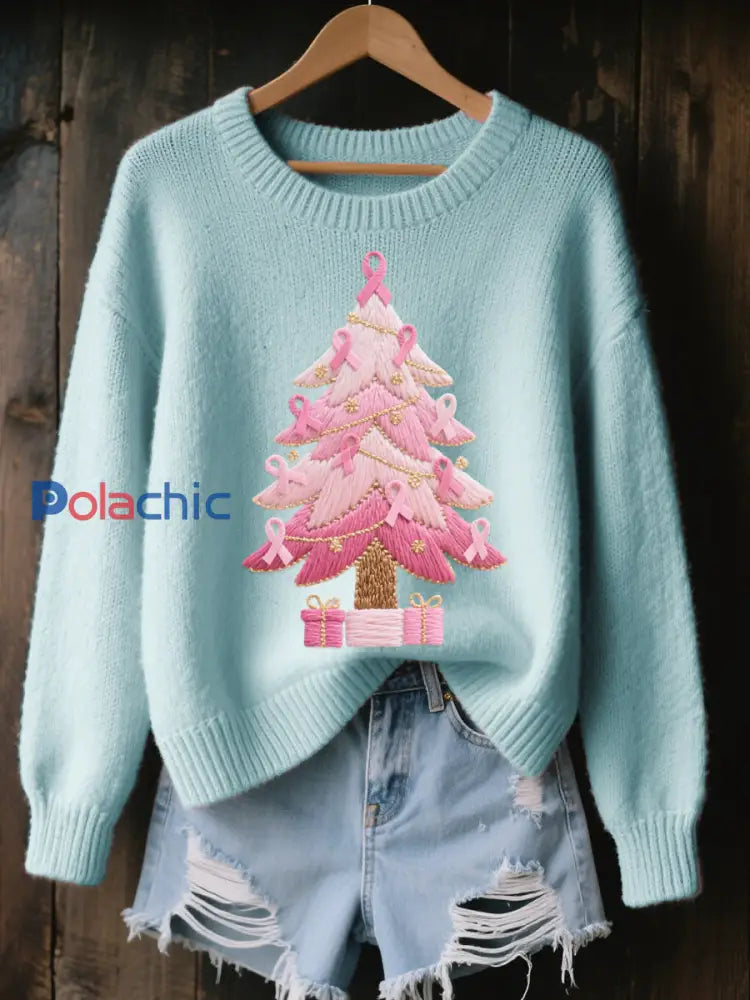 Pull Femme Rose Brodé Arbre De Noël Cozy En Tricot bleu clair / S