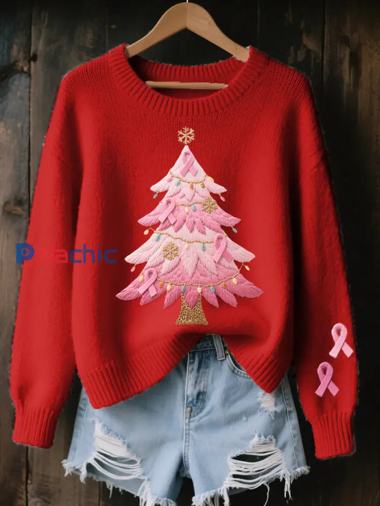 Pull Femme Rose Brodé Arbre De Noël Cozy En Tricot Rouge / S