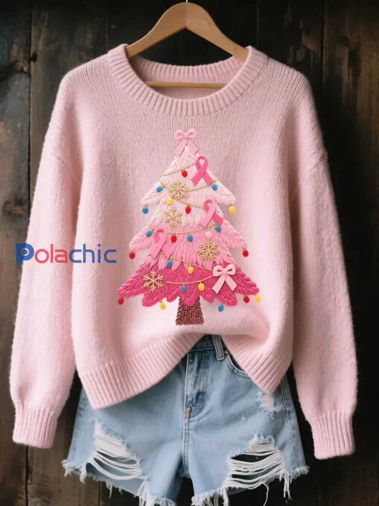 Pull Femme Rose Brodé Arbre De Noël Cozy En Tricot Rose / S