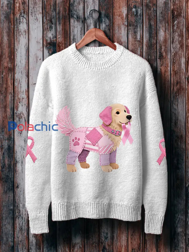 Pull Femme Rose Chien Ruban Rose Soutien Sensibilisation Au Cancer Du Sein Blanc / S