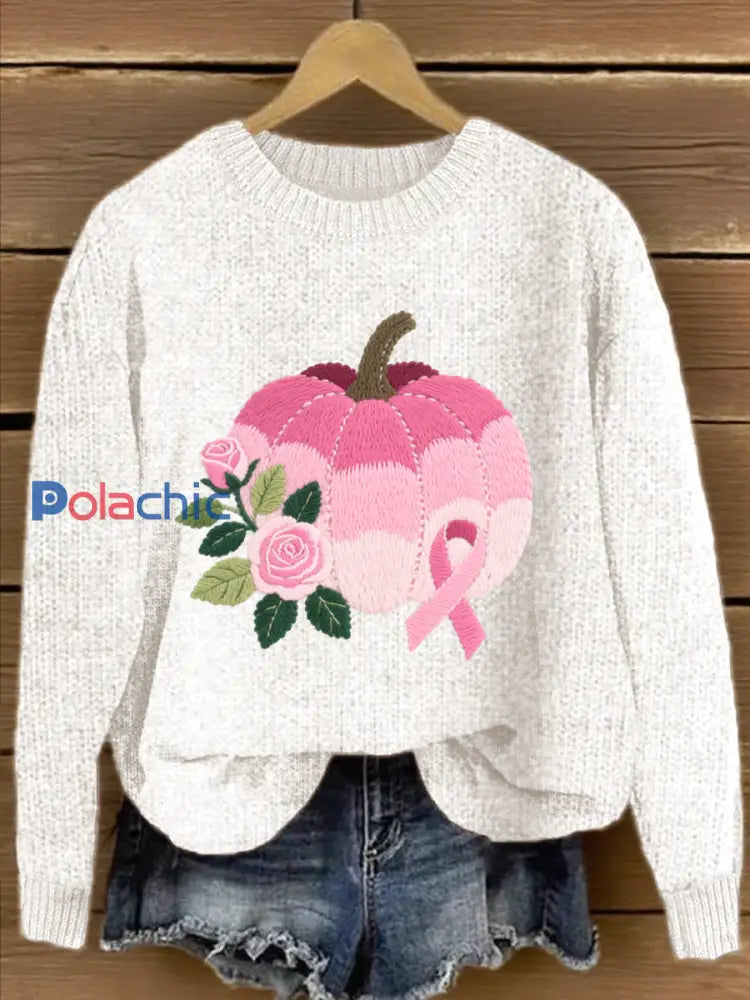 Pull Femme Rose En Maille Brodée Citrouille À Fleurs Blanc / S