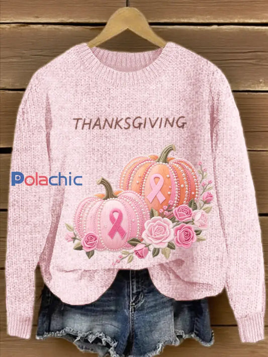 Pull Femme Rose En Maille Brodée Citrouille À Fleurs Rose / S
