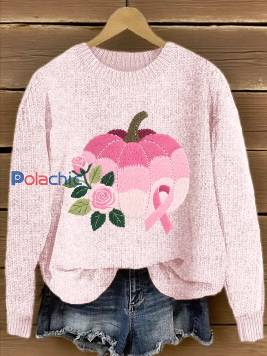 Pull Femme Rose En Maille Brodée Citrouille À Fleurs Rose / S