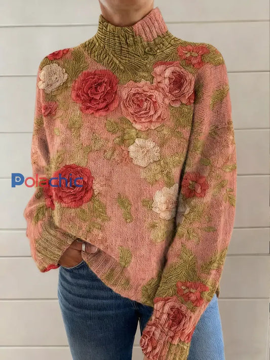 Pull Femme Rose Imprimé Art À Manches Longues comme image / S