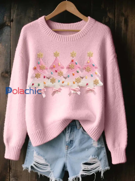 Pull Femme Rose Motif Arbre De Noël Cozy En Tricot Rose clair / S
