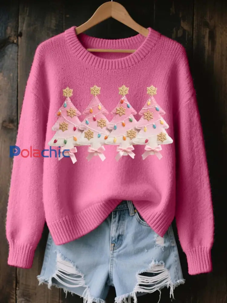 Pull Femme Rose Motif Arbre De Noël Cozy En Tricot Rose / S