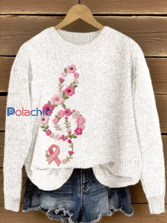 Pull Femme Rose Motif Floral Note De Musique Brodée Blanc / S
