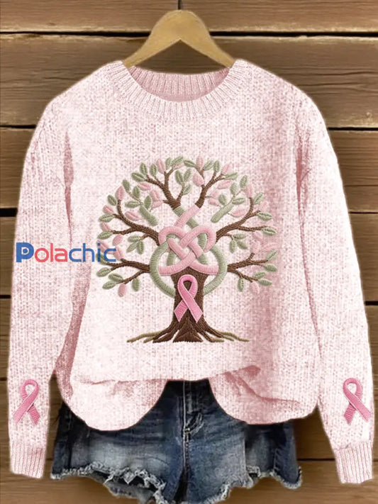 Pull Femme Rose Ruban Brodé Arbre de Vie En Tricot Rose / S