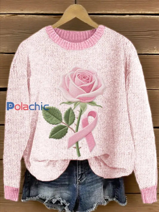 Pull Femme Rose Ruban Et Floral Brodé Rose / S