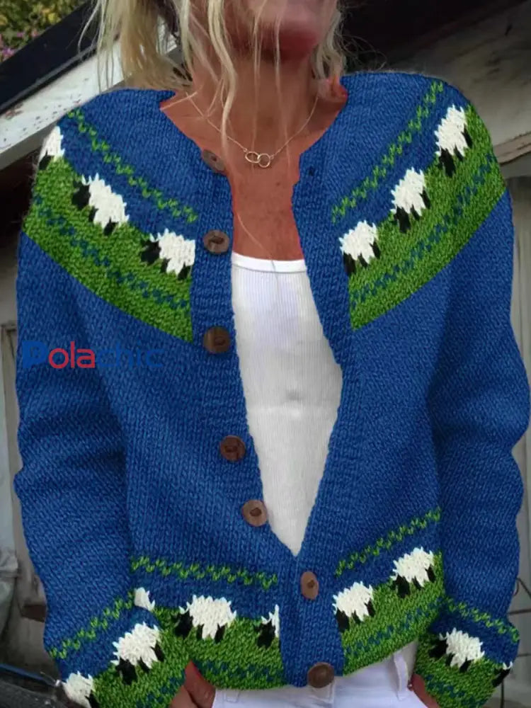 Pull islandais animal mignon des femmes Bouton Cardigan Chunky Pull en tricot Bleu / S