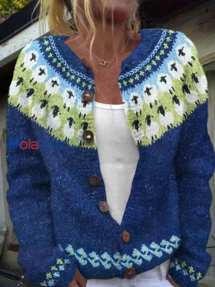 Pull islandais animal mignon des femmes Bouton Cardigan Chunky Pull en tricot Bleu / S