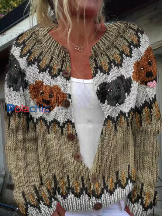 Pull islandais animal mignon des femmes Bouton Cardigan Chunky Pull en tricot Kaki / S