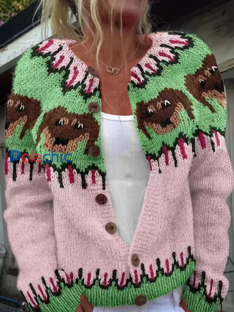 Pull islandais animal mignon des femmes Bouton Cardigan Chunky Pull en tricot Rose / S