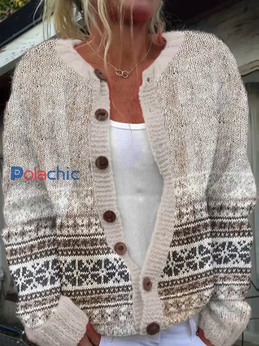 Pull islandais d’hiver pour femmes col rond lâche bouton Cardigan Kaki / S
