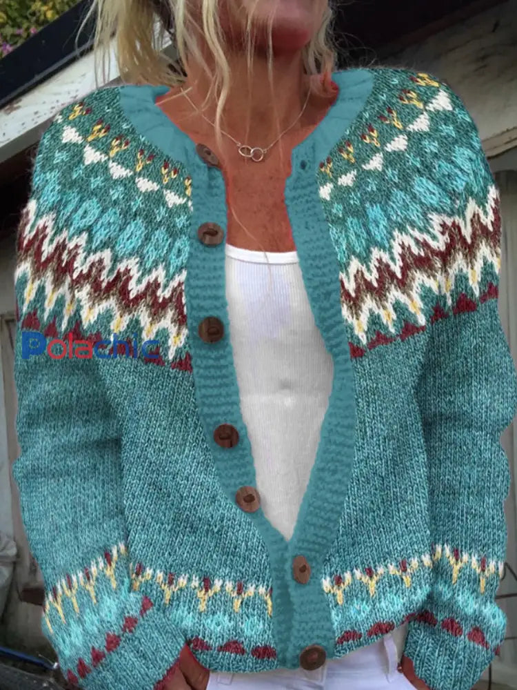 Pull Islandais Hiver Femme Col Rond Bouton Lâche Chunky Tricot Cardigan Pull Bleu / S