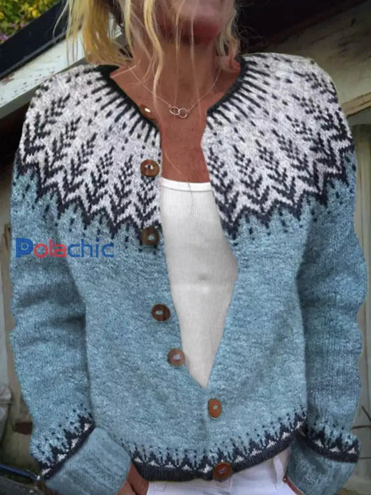 Pull Islandais Hiver Femme Col Rond Bouton Lâche Chunky Tricot Cardigan Pull Bleu / S