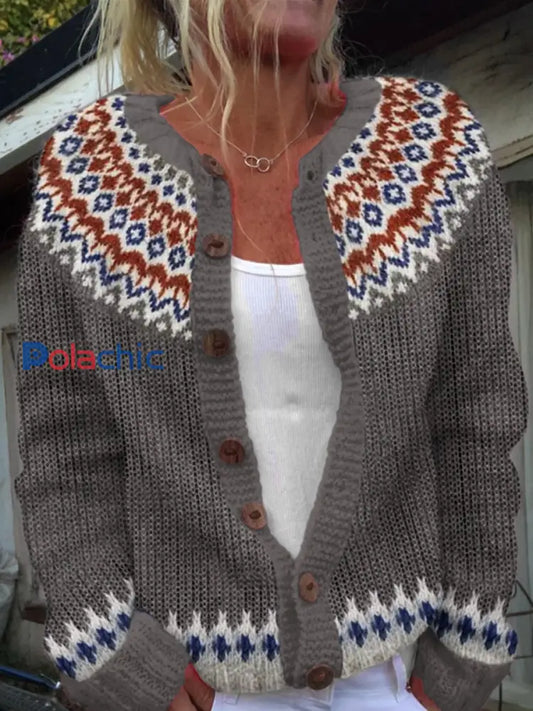 Pull Islandais Hiver Femme Col Rond Bouton Lâche Chunky Tricot Cardigan Pull Gris / S