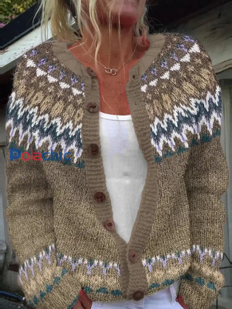 Pull Islandais Hiver Femme Col Rond Bouton Lâche Chunky Tricot Cardigan Pull Kaki / S