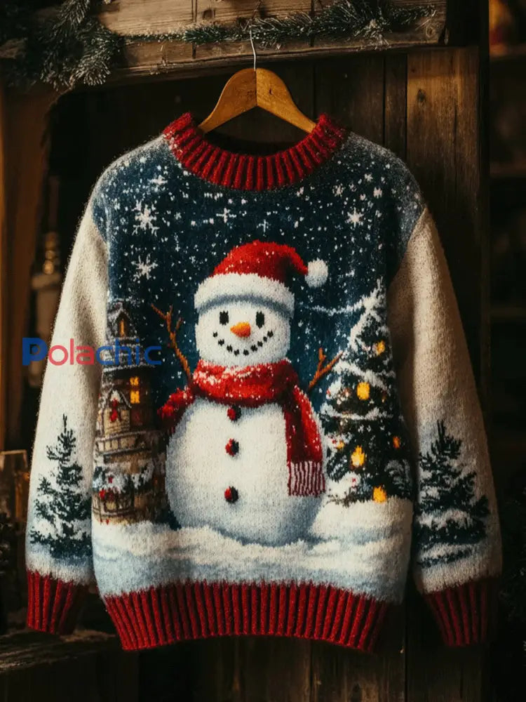 Pull tricoté décontracté Art imprimé bonhomme de neige de Noël pour femmes comme image / S