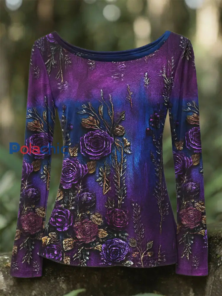 Retro 3D Floral Broderie Gradient Motif col rond T shirt à manches longues pour femmes Violet / S