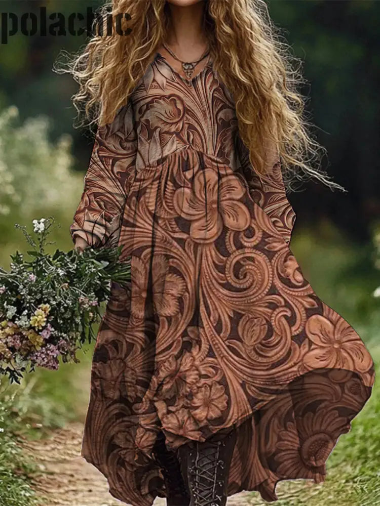 Rétro Boho Floral Art Print Vintage Chic Col En V À Manches Longues Midi Dress A / S